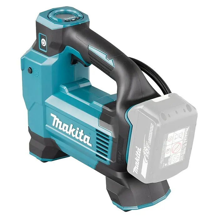 Makita LXT 18V Compresor de batería DMP181Z - 18 V, Sin batería, 11,1 bar - Compresor de aire inalámbrico Makita 18V turquesa y negro con batería Li-ion, pantalla digital y manguera.