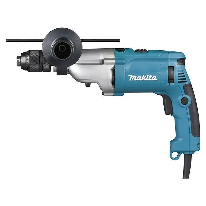 Makita Schlagbohrmaschine HP2071FJ - 1.100 W, Schnellspannbohrfutter - Makita blauer und silberner Schlagbohrer mit schwarzem Spannfutter, verstellbarem schwarzem Seitengriff, Tiefenanschlag und Netzkabel.