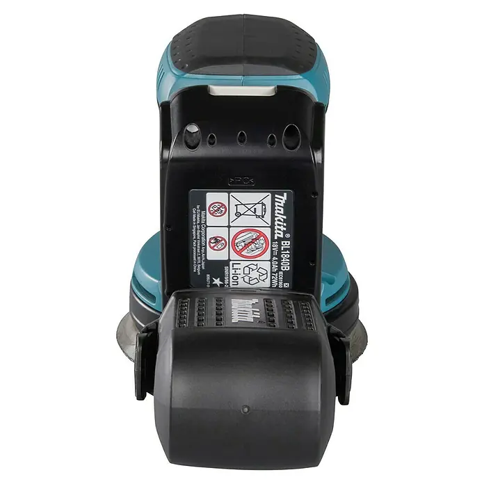 Makita LXT 18V Lijadora excéntrica de batería DBO180RTJ -  - Herramienta eléctrica inalámbrica Makita negra y azul verdoso con batería adjunta.