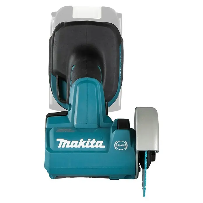 Makita LXT 18V Amoladora angular de batería DMC300Z - 18 V, Sin batería - Herramienta de corte inalámbrica Makita turquesa y negra con disco de corte visible y símbolo de freno.