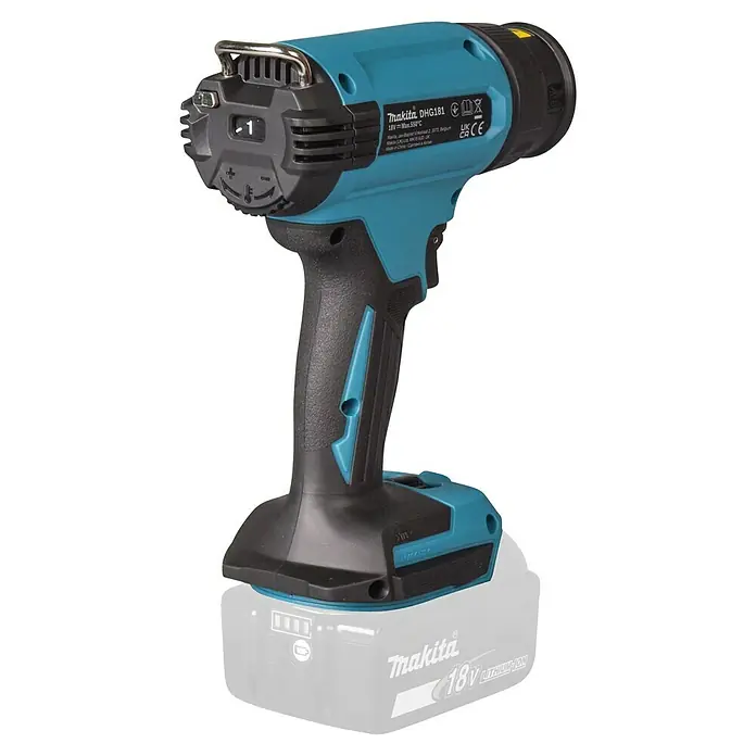Makita LXT 18V Pistola de aire caliente de batería DHG181ZK - 18 V, Sin batería, Rango de temperaturas: 150 °C - 550 °C - Pistola de calor inalámbrica Makita, turquesa y negra, con batería.