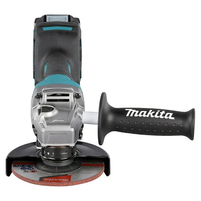 Makita XGT 40V max. Akku-Winkelschleifer GA016GM201 - 2 Akkus, 4 Ah, Leerlaufdrehzahl: 8.500 U/min - Eine kabellose Makita Winkelschleifmaschine mit schwarzem Gehäuse, türkisen Akzenten, silbernem Kopf und einer roten Schleifscheibe mit Schutzhaube.