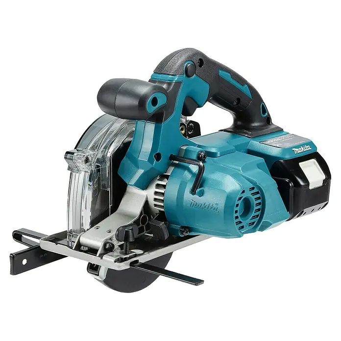 Makita LXT 18V Akku-Handkreissäge DCS553RTJ - 18 V, 2 Akkus, 5 Ah - Makita Akku-Handkreissäge in Türkis und Schwarz mit transparentem Sägeblattschutz.