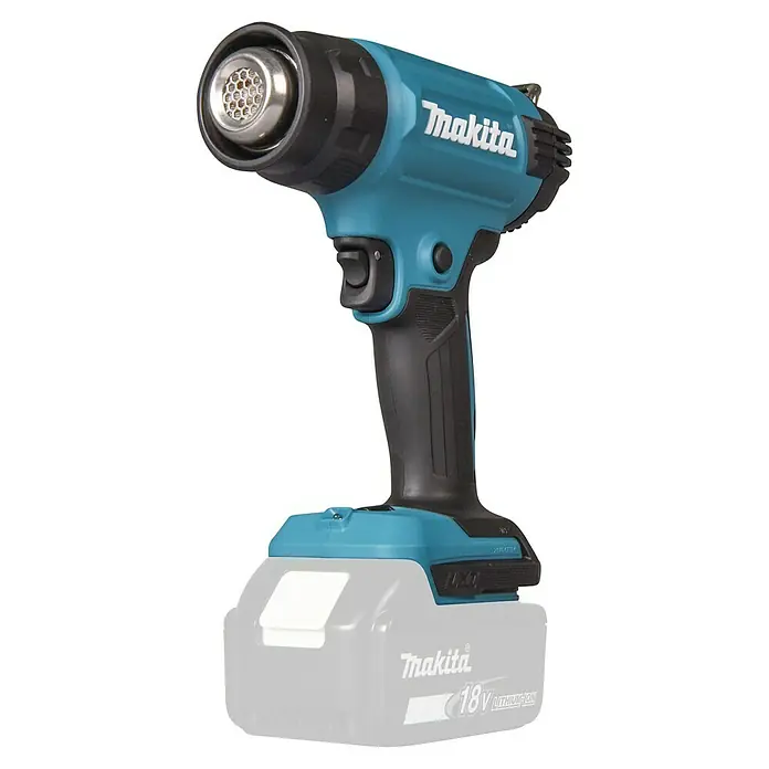 Makita LXT 18V Pistola de aire caliente de batería DHG181ZK - 18 V, Sin batería, Rango de temperaturas: 150 °C - 550 °C - Pistola de calor inalámbrica Makita turquesa y negra con batería de 18V gris.