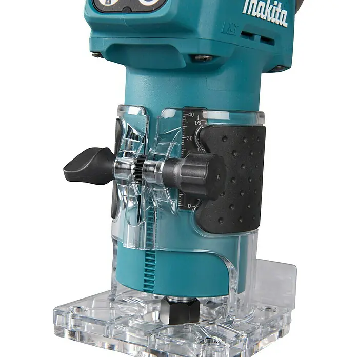 Makita LXT 18V Akku-Kantenfräser DRT52Z - 18 V, Ohne Akku, Leerlaufdrehzahl: 30.000 U/min - Türkise Makita Oberfräse mit transparentem Gehäuse und Tiefeneinstellung.