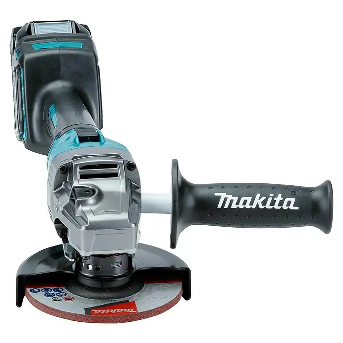 Makita XGT 40V max. Akku-Winkelschleifer GA008GM201 - 2 Akkus, 4 Ah, Durchmesser Scheibe: 125 mm - Makita Akku-Winkelschleifer mit schwarzem und türkisem Gehäuse, silbernem Kopf, Akku, Seitenhandgriff und roter Trennscheibe.