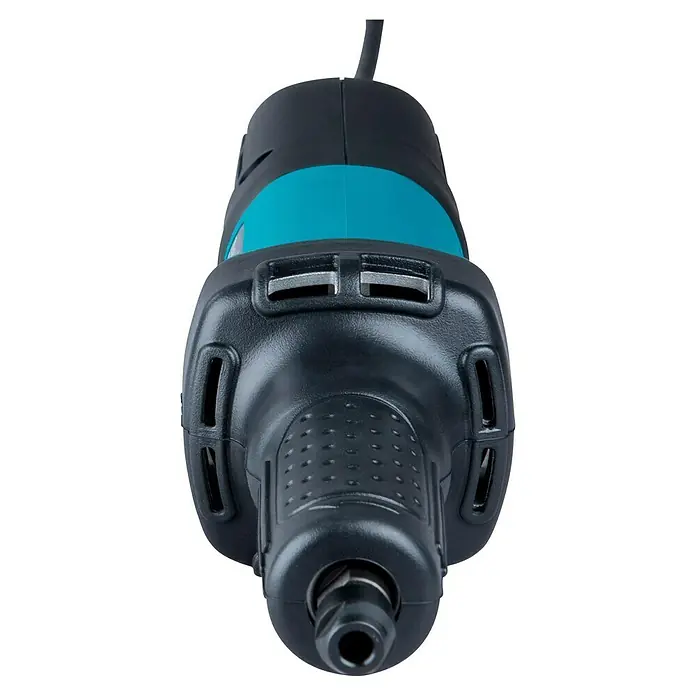 Makita Geradschleifer GD0600 - 400 W, 25.000 U/min - Schwarz-türkises Rotationswerkzeug mit Spannfutter, Lüftungsschlitzen und strukturiertem Griff.