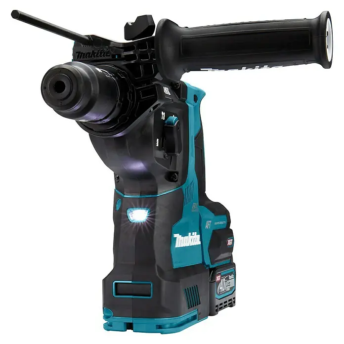 Makita XGT 40V max. Akku-Kombihammer HR004GM201 - 40 V, 2 Akkus, 2,9 J - Makita Akku-Bohrhammer in Schwarz und Türkis mit Tiefenanschlag, Seitenhandgriff, LED-Licht und XGT-Akku.