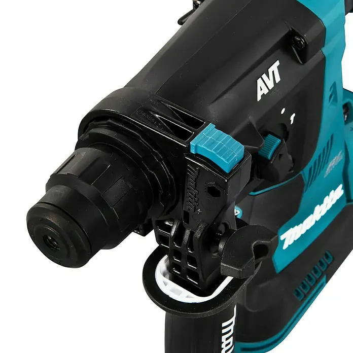 Makita XGT 40V max. Akku-Kombihammer HR003GM201 - 40 V, 2 Akkus, 4 Ah, 2,8 J - Makita Bohrhammer in Schwarz und Türkis mit sichtbarem Bohrfutter und Moduswahlschaltern.