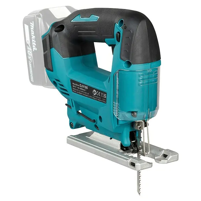 Makita LXT 18V Akku-Pendelhubstichsäge DJV186Z - 18 V, Ohne Akku, 2.900 /min - Türkis-schwarze Makita 18V Akku-Stichsäge mit Akku, silberner Basis und scharfem Sägeblatt.