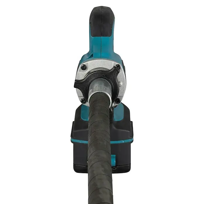Makita LXT 18V Akku-Betonverdichter DVR450Z - 18 V, Ohne Akku, Schwingzahl: 13.000 U/min - Türkis-schwarzes Elektrowerkzeug mit flexiblem Schaft und schwarzem Sternverstellknopf.