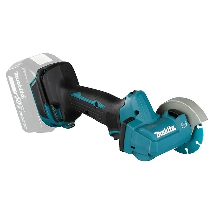 Makita LXT 18V Amoladora angular de batería DMC300Z - 18 V, Sin batería - Amoladora angular inalámbrica Makita de 18V negra y turquesa con disco de corte.
