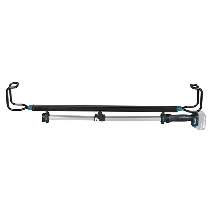 Makita LXT 18V Akku-Stableuchte DML818 - 18 V, Ohne Akku - Lange schwarze und silberne LED-Arbeitsleuchte mit Haken, betrieben mit einem Makita Akku.