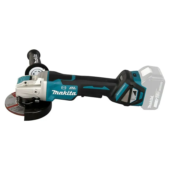 Makita LXT 18V Akku-Winkelschleifer DGA519Z - 18 V, Ohne Akku, Leerlaufdrehzahl: 3.000 U/min - 8.500 U/min - Makita Akku-Winkelschleifer in Schwarz, Türkis und Silber mit Trennscheibe und Akku.