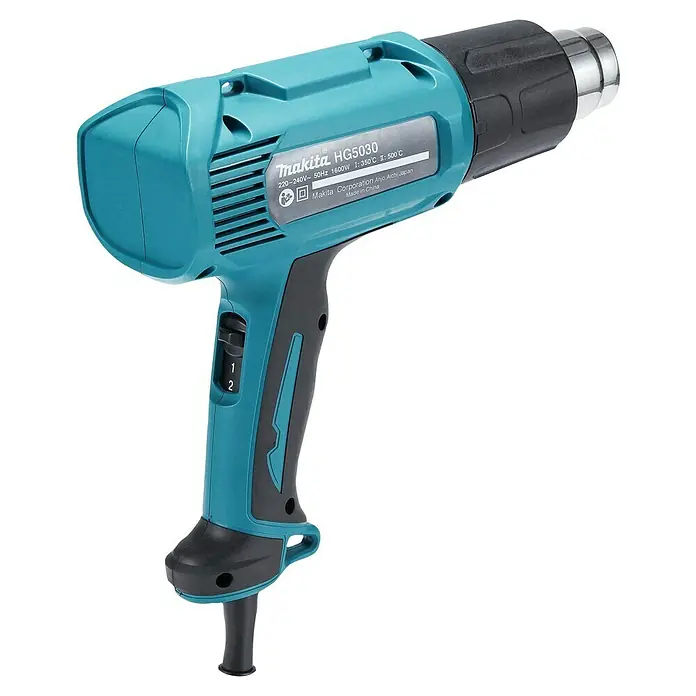 Makita Heißluftgebläse HG5030K - 1.600 W, Temperaturbereich: 350 °C - 500 °C - Makita HG5030 Heißluftpistole in Türkis und Schwarz, mit zweistufigem Temperaturregler und Metall-Düse.