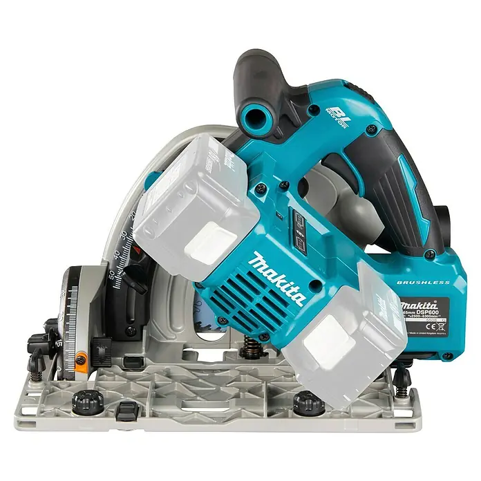Makita LXT 18V Akku-Tauchsäge DSP600ZJ - 18 V, Ohne Akku, 2.500 U/min - 6.300 U/min - Makita Akku-Tauchsäge in Türkis und Schwarz mit zwei grauen Akkus, Brushless-Motor.