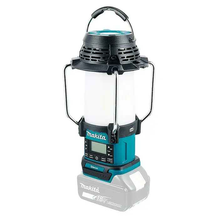 Makita LXT 18V Radio de batería con linterna DMR056 - 18 V, Sin batería, Flujo luminoso: 310 lm - Linterna Makita 18V con radio y altavoz Bluetooth, con parte superior negra, base turquesa y batería gris.