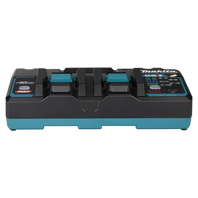 Makita XGT 40V max. Batterie-Ladegerät Doppel-Schnellladegerät - 40 V - Makita DC40RB Doppelladegerät in Schwarz-Türkis für 40Vmax Li-ion XGT Akkus.