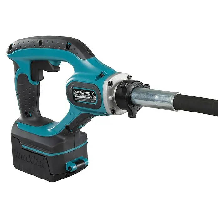 Makita LXT 18V Akku-Betonverdichter DVR450Z - 18 V, Ohne Akku, Schwingzahl: 13.000 U/min - Akku-Betonrüttler Makita, türkis-schwarz, mit Akku und Rüttelschlauch.