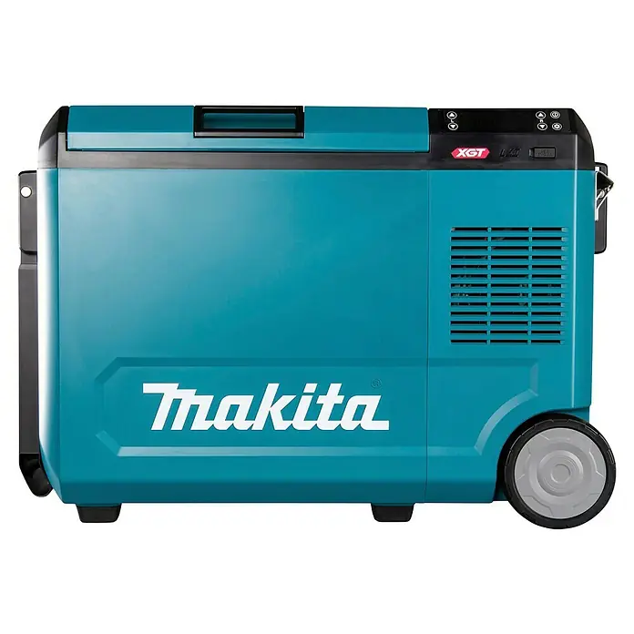 Makita Akku-Kühlbox zum Kühlen & Warmhalten CW004GZ - 18 V, Ohne Akku, 29 l - Türkis-schwarze Makita Kühl-/Wärmebox. Mit Rädern, Griff, Bedienelementen und USB-Anschluss.