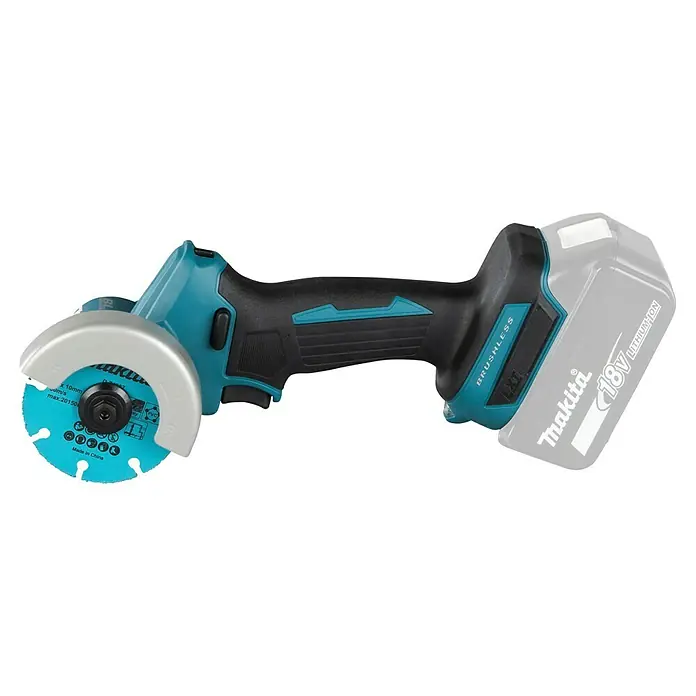 Makita LXT 18V Amoladora angular de batería DMC300Z - 18 V, Sin batería - Amoladora angular inalámbrica teal y negra con disco de corte circular y batería de iones de litio de 18V.