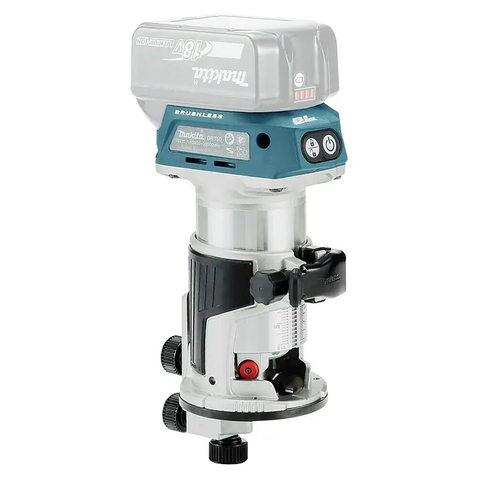 Makita LXT 18V Akku-Multifunktionsfräse DRT50ZJX2 - 18 V, Ohne Akku, Leerlaufdrehzahl: 10.000 U/min - 30.000 U/min - Makita DRT50 18V Akku-Oberfräse, grau-schwarz mit silbernem Boden und blauem Oberteil, mit befestigtem Lithium-Ionen-Akku.