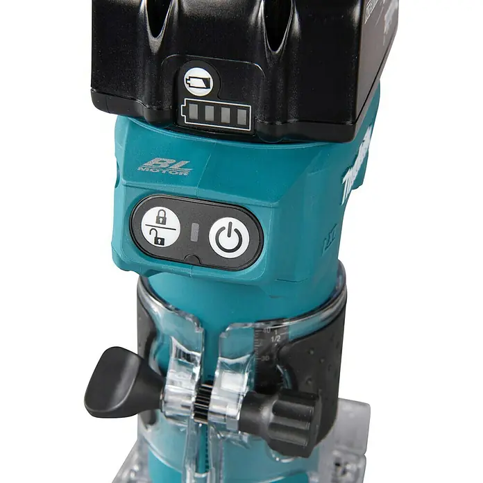 Makita LXT 18V Akku-Kantenfräser DRT52Z - 18 V, Ohne Akku, Leerlaufdrehzahl: 30.000 U/min - Nahaufnahme einer türkis-schwarzen Makita Akku-Oberfräse mit Akku, Ladeanzeige, BL Motor Schriftzug, Bedienelementen und Tiefeneinstellung.
