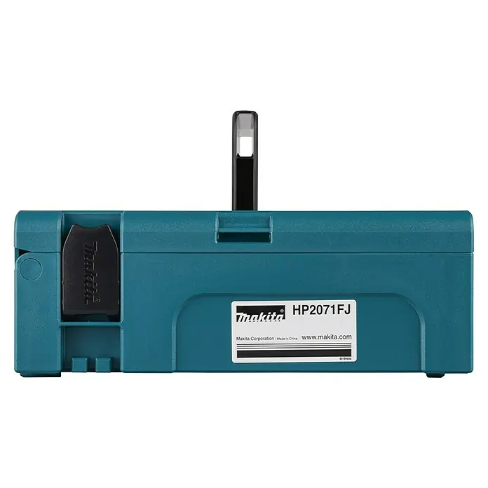 Makita Schlagbohrmaschine HP2071FJ - 1.100 W, Schnellspannbohrfutter - Türkisblauer Makita Werkzeugkoffer mit schwarzem Griff und 'HP2071FJ' Etikett.
