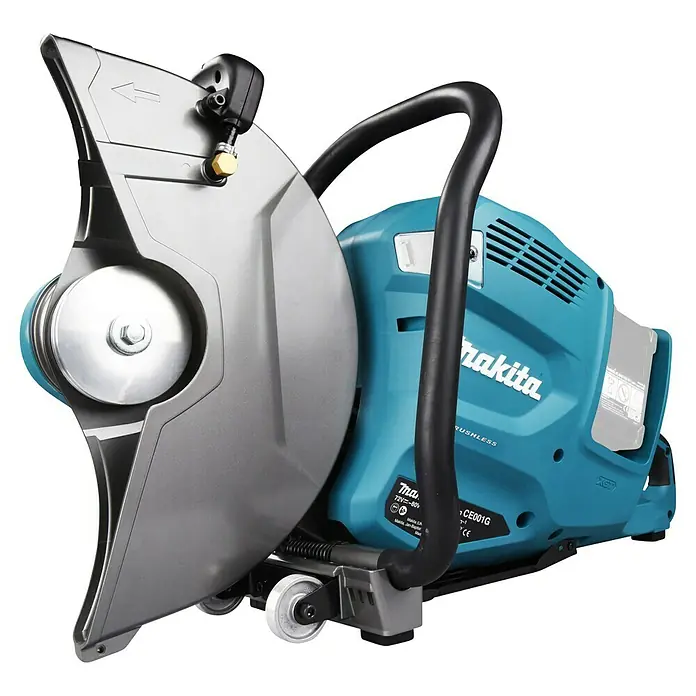 Makita XGT 40V max. Amoladora tronzadora de batería CE001GZ - 80 V, Sin batería, 5.300 r.p.m. - Una cortadora eléctrica sin cable Makita turquesa y gris con gran protector de cuchilla, asa negra y ruedas.