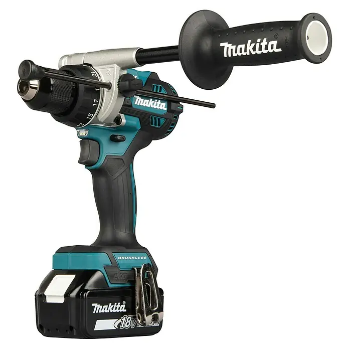 Makita LXT 18V Akku-Schlagbohrschrauber DHP492RTJ - 18 V, 2 Akkus, 5 Ah, 130 Nm - Türkis-schwarzer Makita 18V Akku-Bohrhammer bürstenlos mit silbernem Bohrfutter, einstellbaren Drehmomentstufen und Seitenhandgriff.