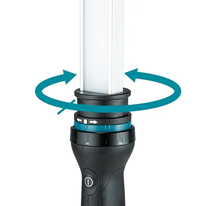 Makita LXT 18V Akku-Stableuchte DML818 - 18 V, Ohne Akku - Schwarze und türkisfarbene Arbeitsleuchte mit weißem Panel und drehbarem Kopf, angezeigt durch einen blauen Pfeil.