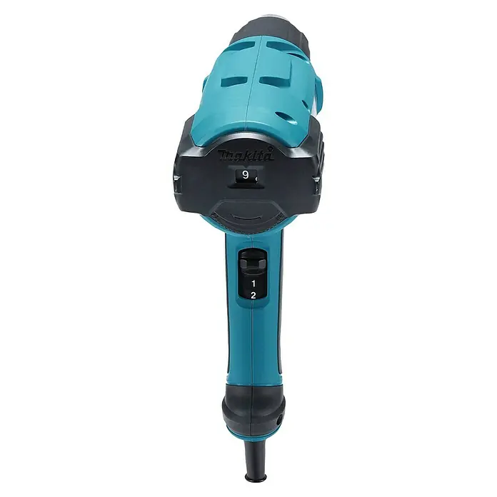 Makita Heißluftgebläse HG6031VK - 1.800 W, Temperaturbereich: 50 °C - 600 °C - Türkis-schwarzes Makita Elektrowerkzeug mit Einstellrad '9' und 1-2-Gang-Schalter.