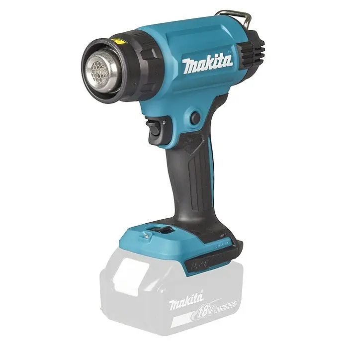 Makita LXT 18V Pistola de aire caliente de batería DHG181ZK - 18 V, Sin batería, Rango de temperaturas: 150 °C - 550 °C - Pistola de calor inalámbrica Makita 18V, turquesa y negra, con batería visible.