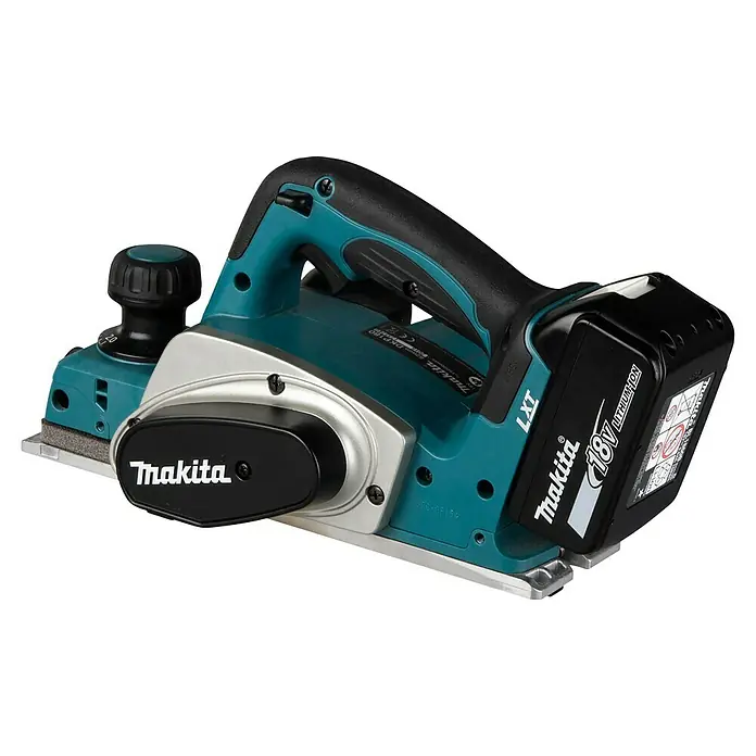 Makita LXT 18V Akku-Handhobel DKP180RTJ - 18 V, 2 Akkus, Hobelbreite: 82 mm, 5 Ah - Makita 18V Akku-Hobel in Türkis und Schwarz mit Lithium-Ionen-Akku. Mit Tiefeneinstellknopf.