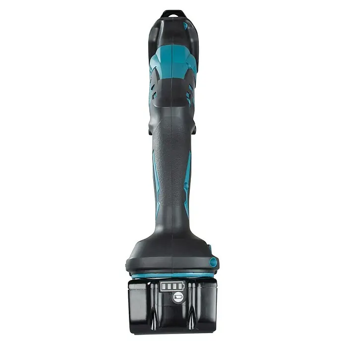 Makita LXT 18V Akku-Säbelsäge DJR183RT1J - 18 V, 1 Akku, 5 Ah, Leerlaufhubzahl: 0 /min - 3.000 /min - Schwarzer und türkiser Akkuschraubergriff mit angebrachtem Akku und Ladeanzeige.