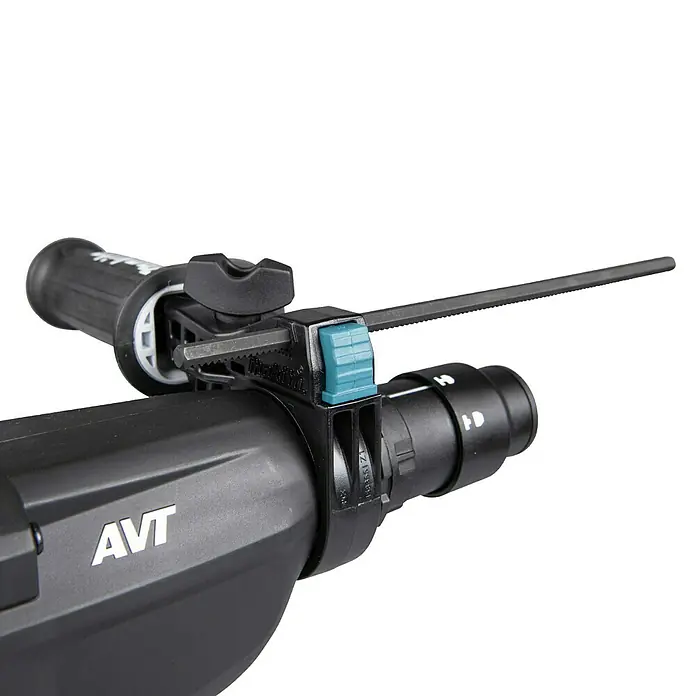 Makita LXT 18V Akku-Kombihammer DHR281ZJ - 36 V, Ohne Akku, 2,8 J - Schwarzes Elektrowerkzeug mit montiertem Tiefenanschlag, inklusive türkisfarbenem Verstellknopf und grauem Messstab.