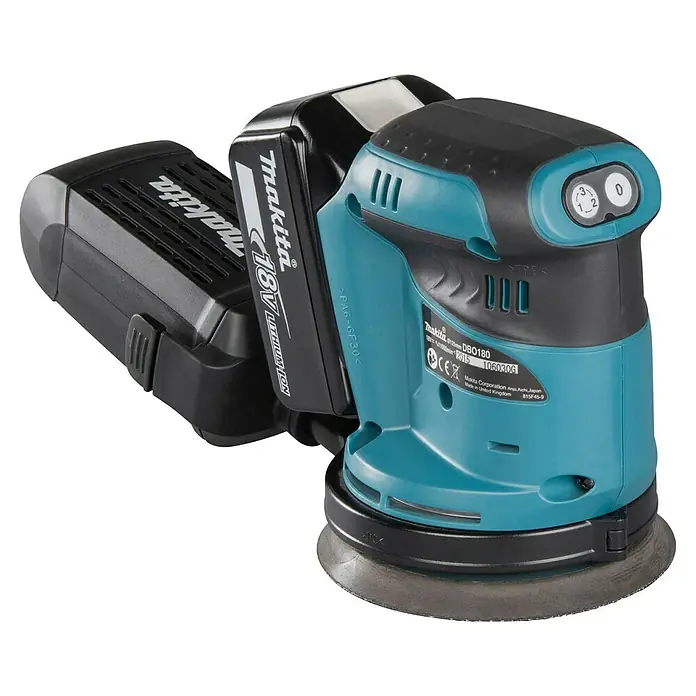 Makita LXT 18V Lijadora excéntrica de batería DBO180RTJ -  - Lijadora orbital aleatoria inalámbrica Makita en verde azulado y negro con batería de iones de litio de 18V.