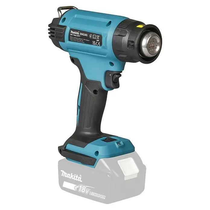 Makita LXT 18V Pistola de aire caliente de batería DHG181ZK - 18 V, Sin batería, Rango de temperaturas: 150 °C - 550 °C - Pistola de calor inalámbrica Makita DHG181 turquesa y negra con batería de 18V Li-ion.