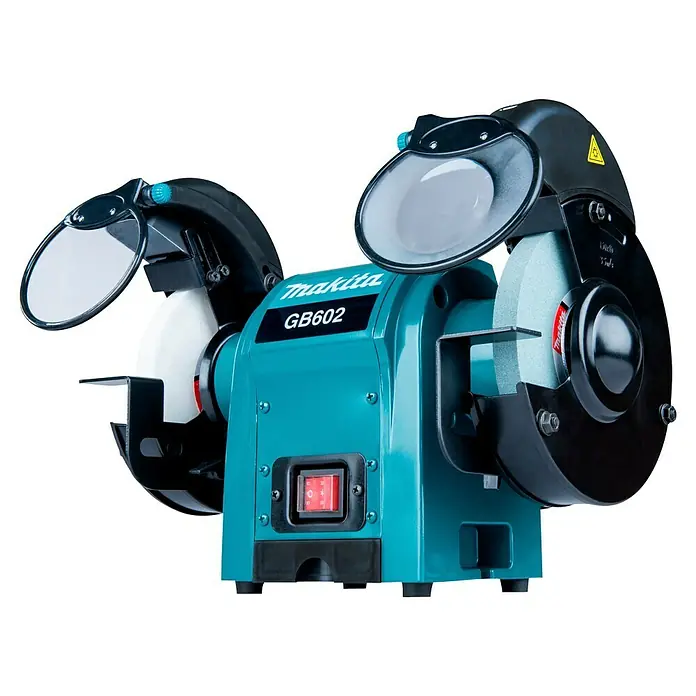 Makita Elektro-Doppelschleifer GB602 - 250 W, 2.850 U/min - Makita GB602 Doppelschleifmaschine in Türkis mit schwarzen Schutzvorrichtungen und weißen Schleifscheiben.