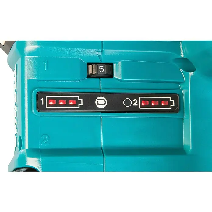 Makita LXT 18V Akku-Tauchsäge DSP600ZJ - 18 V, Ohne Akku, 2.500 U/min - 6.300 U/min - Türkisfarbenes Bedienfeld eines Elektrowerkzeugs mit zwei vollen Akkuanzeigen und Einstellrad '5'.