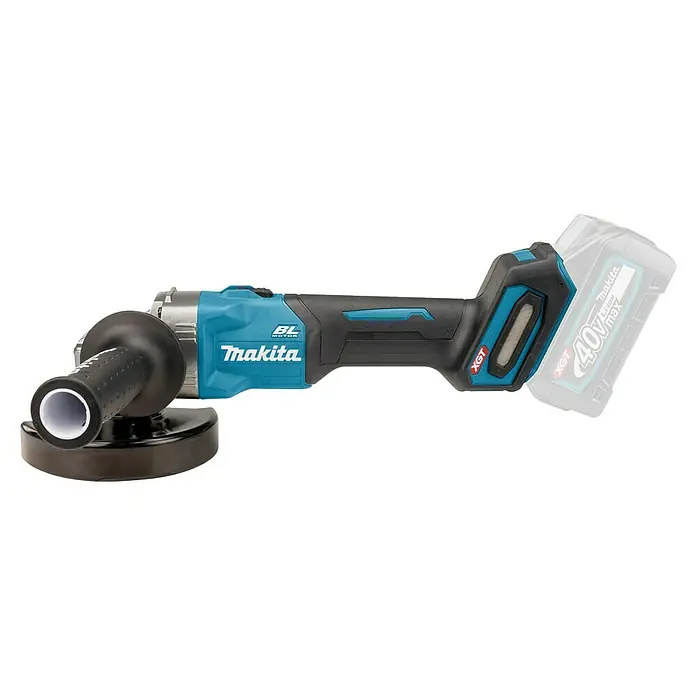 Makita XGT 40V max. Amoladora angular de batería GA008GZ - 40 V, Sin batería, Diámetro disco: 125 mm - Amoladora angular inalámbrica Makita turquesa y negra con empuñadura lateral negra y batería XGT 40Vmax visible.