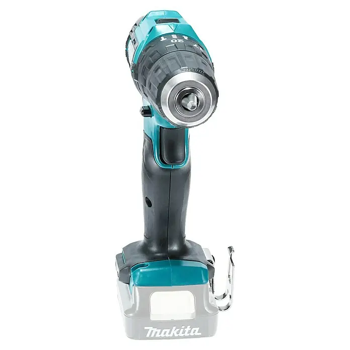 Makita CXT 12V max. Akku-Schlagbohrschrauber HP333DZ - 12 V, Ohne Akku, 30 Nm, Ohne Akku und Zubehör - Ein türkis-schwarzer Akku-Bohrschrauber mit grauem Akkupack, Spannfutter und Drehmomenteinstellungen sichtbar.