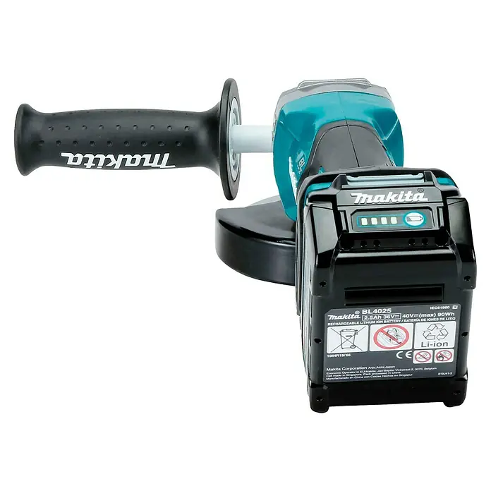 Makita XGT 40V max. Akku-Winkelschleifer GA013GM201 - 2 Akkus, 4 Ah, Leerlaufdrehzahl: 8.500 U/min - Türkisfarbene und schwarze Makita Akku-Winkelschleifer mit Akku und Seitenhandgriff. Akku zeigt Ladezustand an.