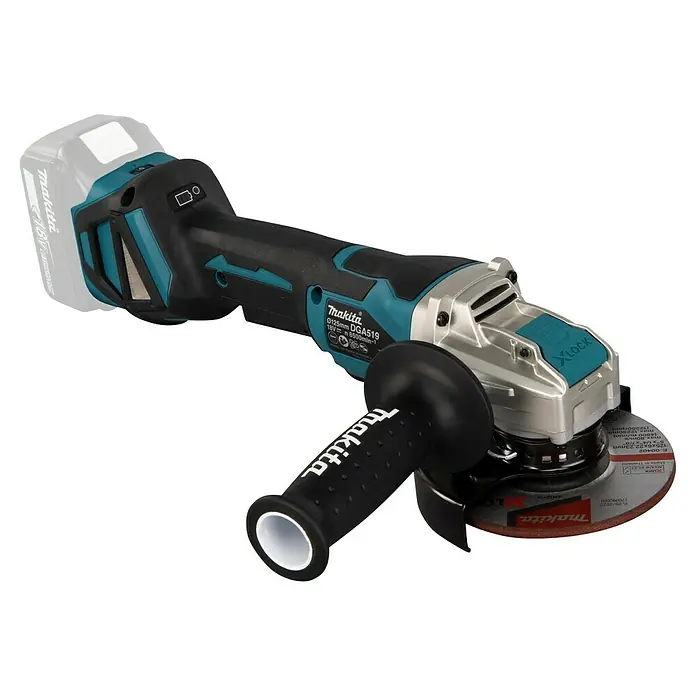 Makita LXT 18V Akku-Winkelschleifer DGA519Z - 18 V, Ohne Akku, Leerlaufdrehzahl: 3.000 U/min - 8.500 U/min - Makita Akku-Winkelschleifer, türkis-schwarz mit silbernem Kopf, schwarzem Zusatzhandgriff und Schleifscheibe, batteriebetrieben.