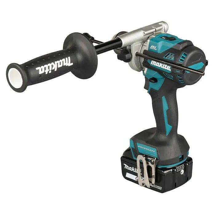 Makita LXT 18V Akku-Schlagbohrschrauber DHP492RTJ - 18 V, 2 Akkus, 5 Ah, 130 Nm - Schwarz-türkisfarbener Makita Akku-Bohrschrauber mit silbernen Akzenten, mit Zusatzhandgriff und bürstenlosem Motor.