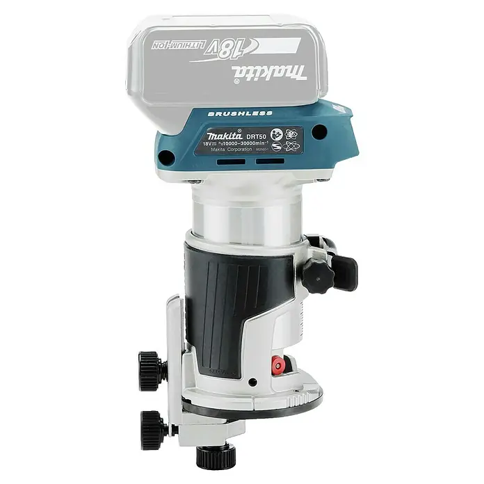 Makita LXT 18V Akku-Multifunktionsfräse DRT50ZJX2 - 18 V, Ohne Akku, Leerlaufdrehzahl: 10.000 U/min - 30.000 U/min - Makita DRT50 18V Akku-Oberfräse in Türkis und Silber mit schwarzen Griffen und eingesetztem Akku.