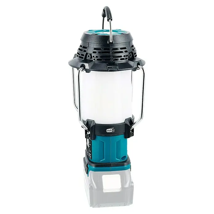 Makita LXT 18V Radio de batería con linterna DMR056 - 18 V, Sin batería, Flujo luminoso: 310 lm - Linterna LED turquesa y negra con difusor de luz blanco, asa metálica y función de radio 'dab+', diseñada para batería extraíble.