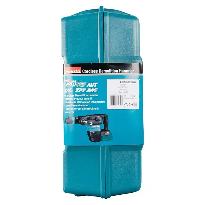 Makita XGT 40V max. Akku-Kombihammer HM001GZ02 - 40 V, Ohne Akku, 9,4 J - Türkisfarbener Kunststoffkoffer für einen Makita 40V XGT Akku-Abbruchhammer, mit Produktetikett und Werkzeugabbildung.