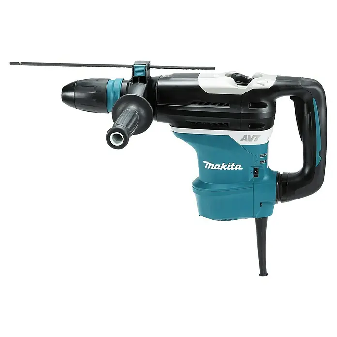 Makita Kombihammer HR4013C - 1.100 W, 8 J, SDS-Max-Aufnahme - Makita Bohrhammer in Türkis, Schwarz und Weiß mit Zusatzhandgriff und Tiefenanschlag.