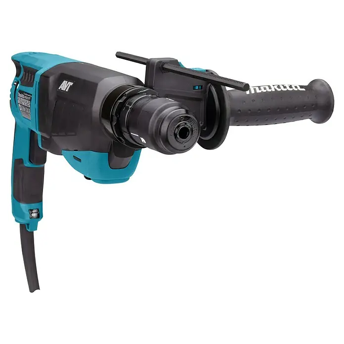 Makita Kombihammer HR2631FT13 - 800 W, 2,4 J, Schnellspannbohrfutter - Ein türkis-schwarzer Makita Bohrhammer, Modell HR2631FT, mit Zusatzhandgriff und Bohrfutter.